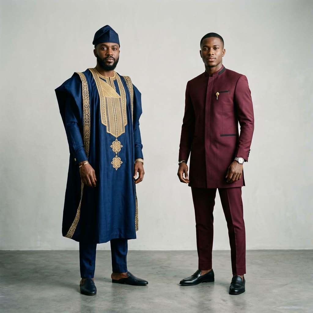 Two Nigerian men in custom agbada and senator suit outfits